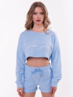 Синя къса спортна блуза с бродерия в бяло