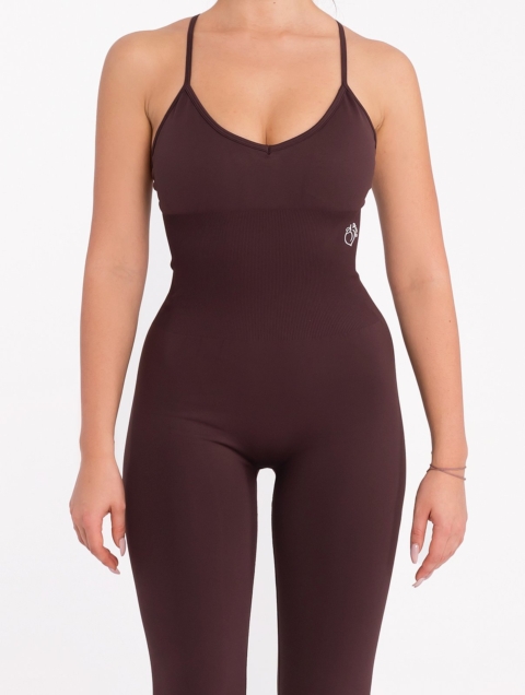 Кафяв безшевен гащеризон с тънки презрамки и подплънки с повдигащ ефект