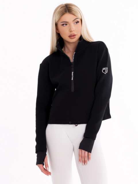 Черен дамски суитчър със свободна кройка и ластик за пристягане в талията