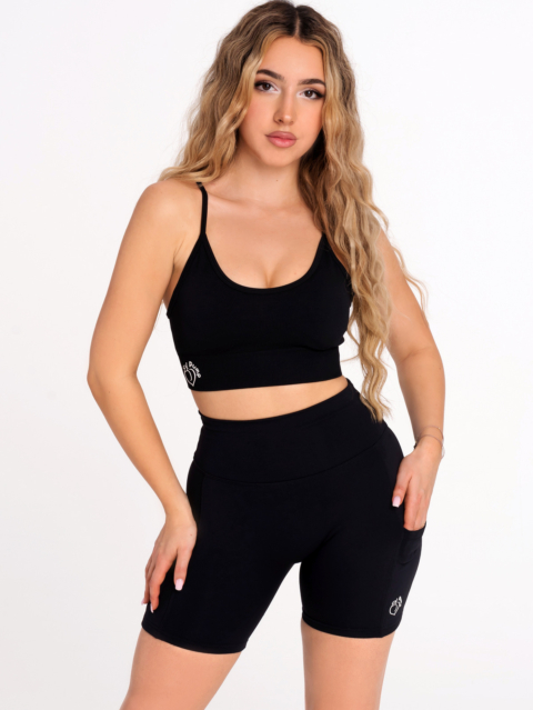 Set sport negru colanți scurți cu buzunare și bustieră