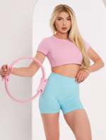 Jasnoniebieskie bezszwowe legginsy sportowe ze średnim stanem