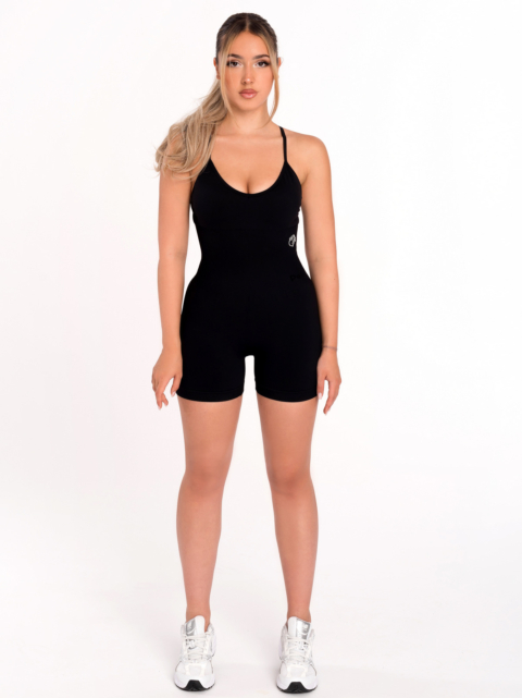 Salopetă sport spectaculoasă mulată scurtă neagră cu căptușeală