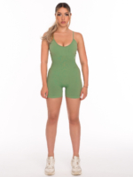 Veľkolepá krátka zelená bezšvová kombinézy s vypchávkami na fitness