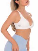 Модерно бяло спортно бюстие с подплънки и дълбоко V деколте