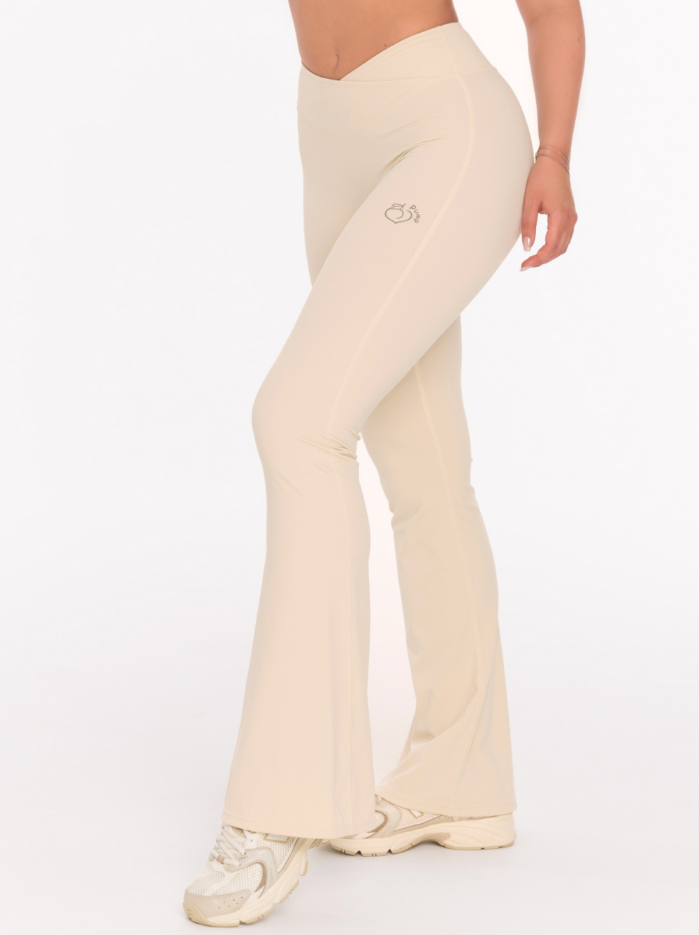 Damskie legginsy sportowe typu dzwony z talia V w kolorze beżowym