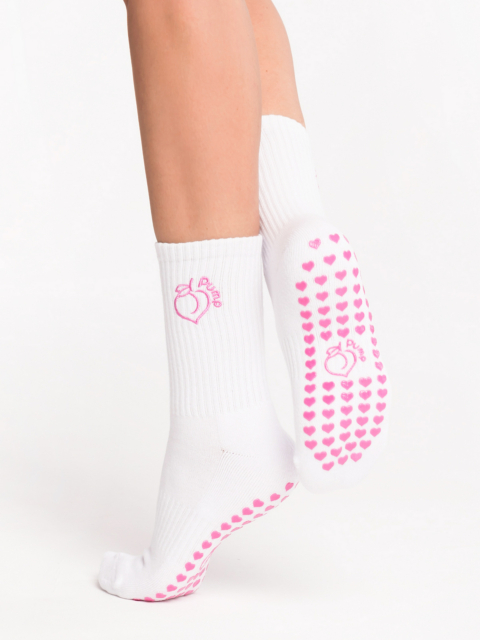 Șosete sport albe cu inimi Anti-Slip roz și broderie pe gleznă