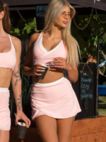 Set sport roz de damă fustă cu colanți și bustieră cu căptușeală