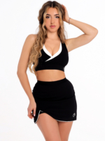 Biutonosz damski w kolorze czarnym z dekoltem V i białą lamówką