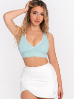 Синьо спортно бюстие с подплънки с повдигащ ефект и дълбоко деколте