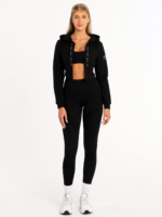 Μαύρο αθλητικό φούτερ με μπροστινό φερμουάρ και μεγάλη κουκούλα με κορδόνια