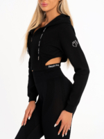 Μαύρο κοντό φούτερ με μπροστινό φερμουάρ, κουκούλα και cut-out λεπτομέρειες στη μέση