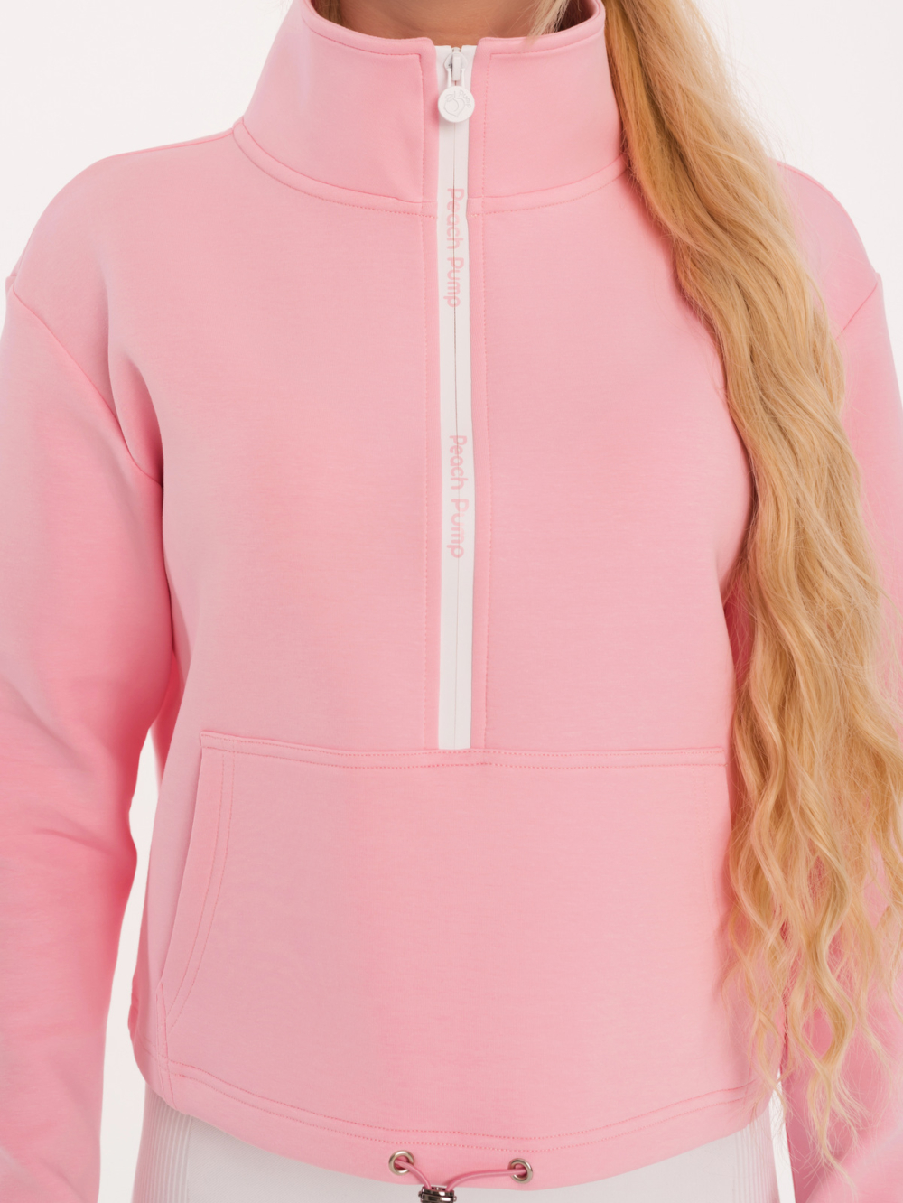 Ružová športová mikina s nápismi Peach Pump a viazaním v páse