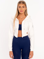 Модерен къс бял спортен суичър с преден цип , голяма качулка и връзки с надписи