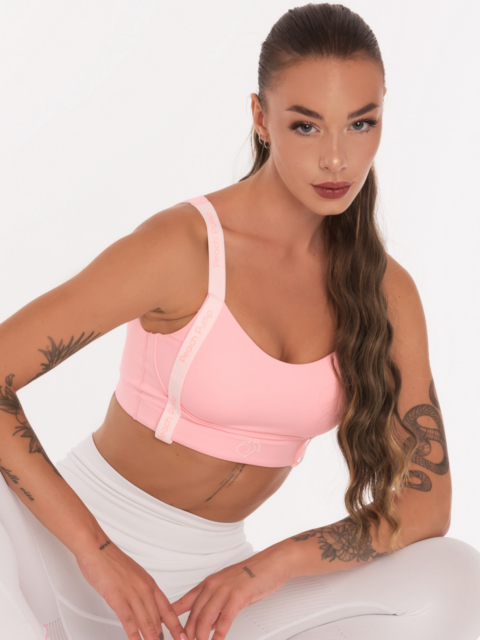 Модерно розово спортно бюстие с бели презрамки и розови надписи Peach Pump