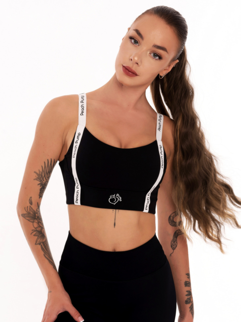 Черно спортно бюстие с предни презрамки и надписи Peach Pump