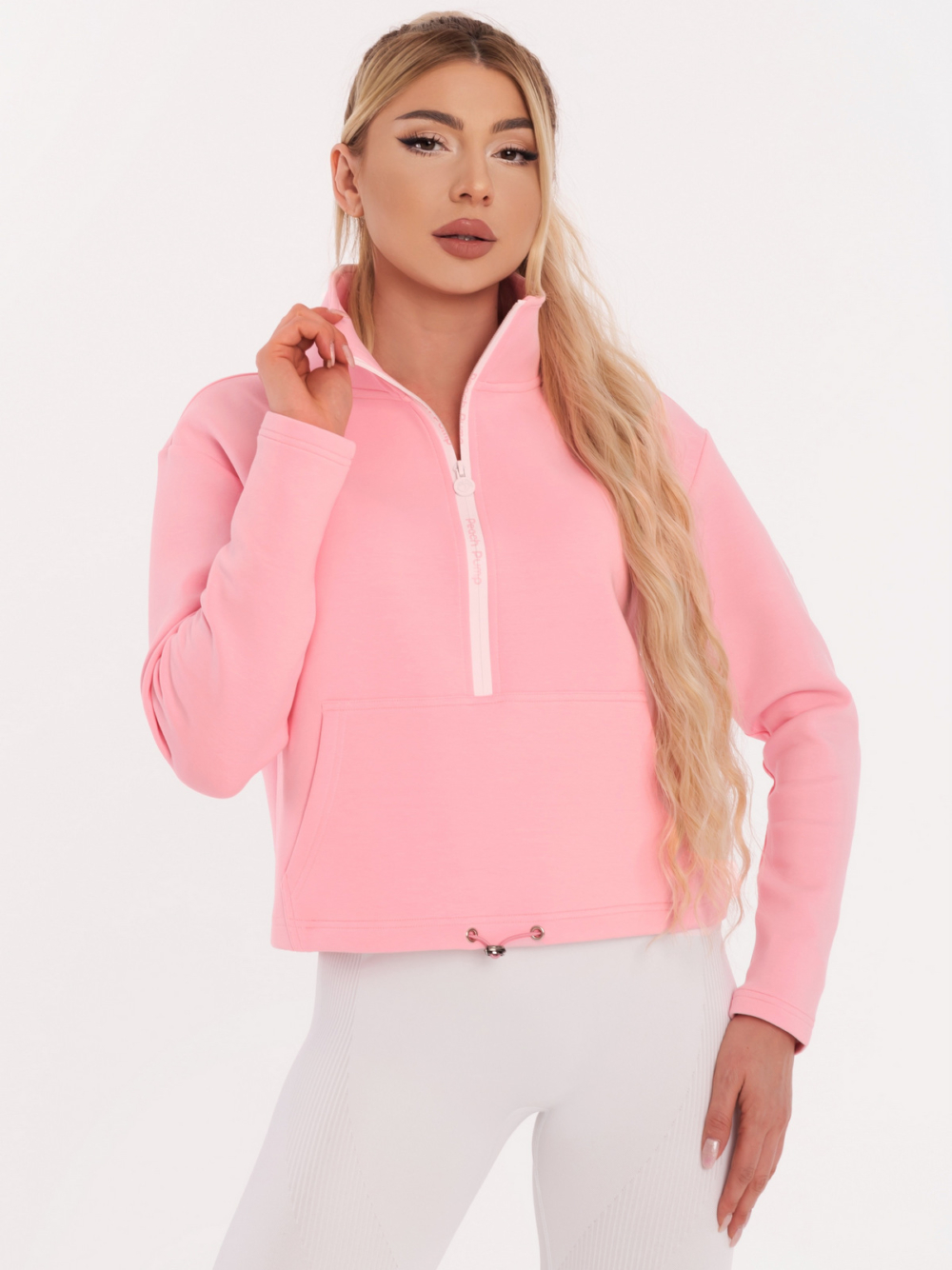 Ružová športová mikina s nápismi Peach Pump a viazaním v páse