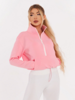 Ružová športová mikina s prednými vreckami, vysokým golierom a predným zipsom