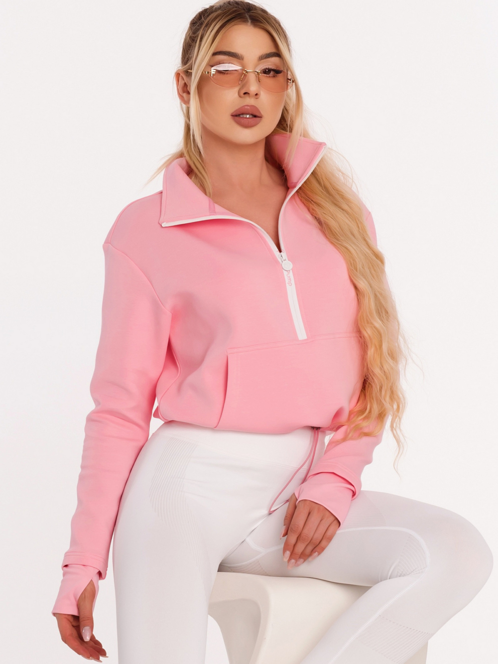 Ružová mikina so zipsom a nápismi Peach Pump