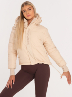 Бежово дамско спортно яке с качулка и пристягане в талията